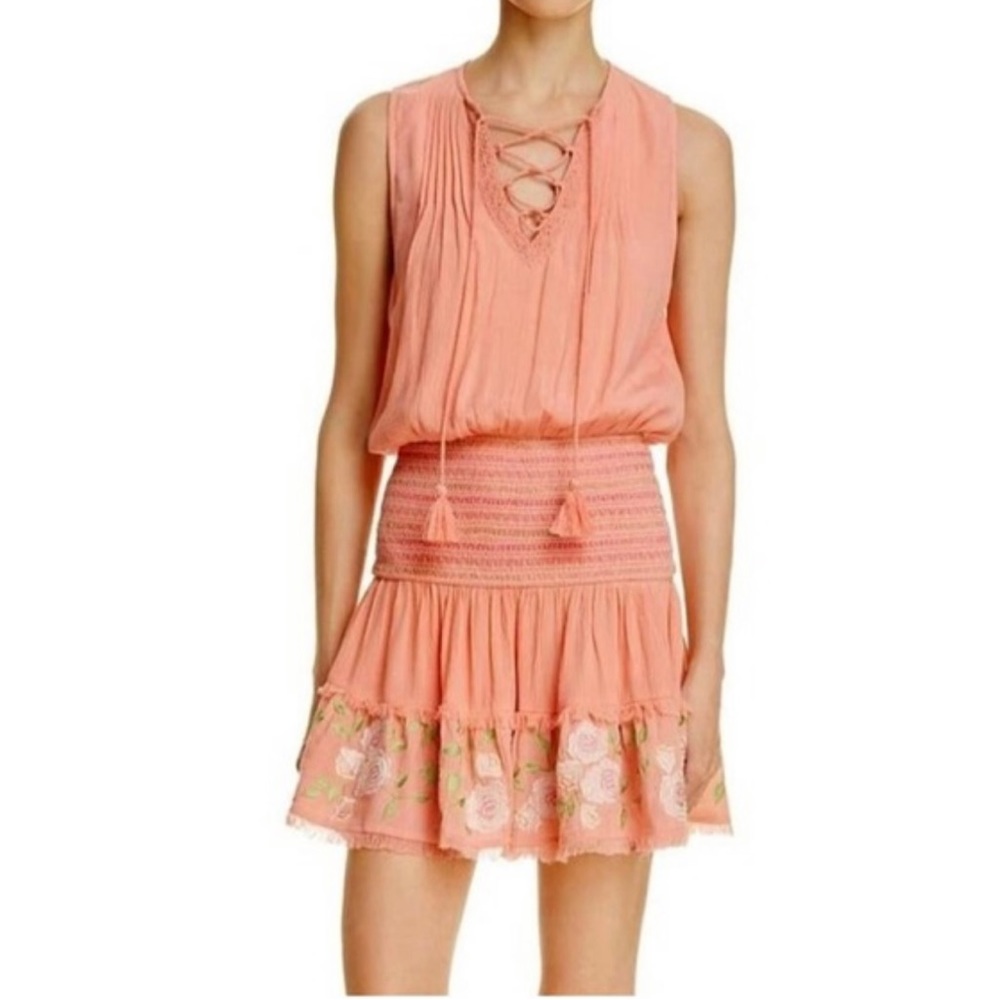 NWT Rahi Cali Embroidered Peach Coral Drop Ruched Waist Boho Dress Size Medium